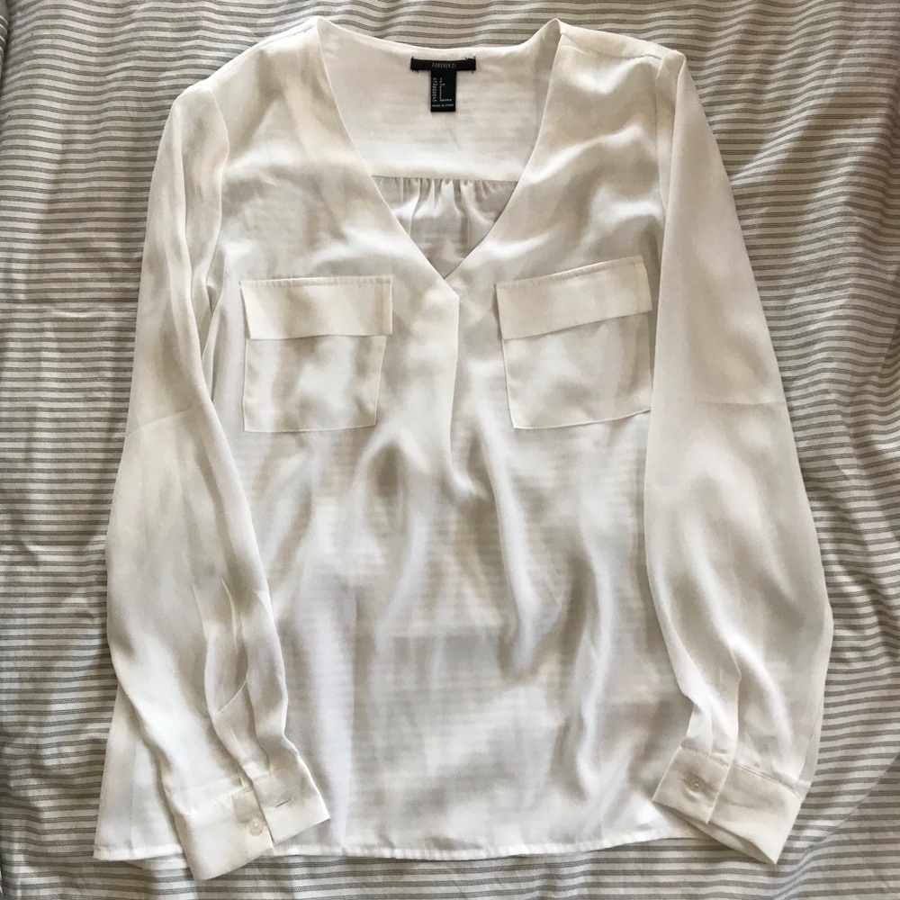 White Sheer Silky Pocket-Front Blouse